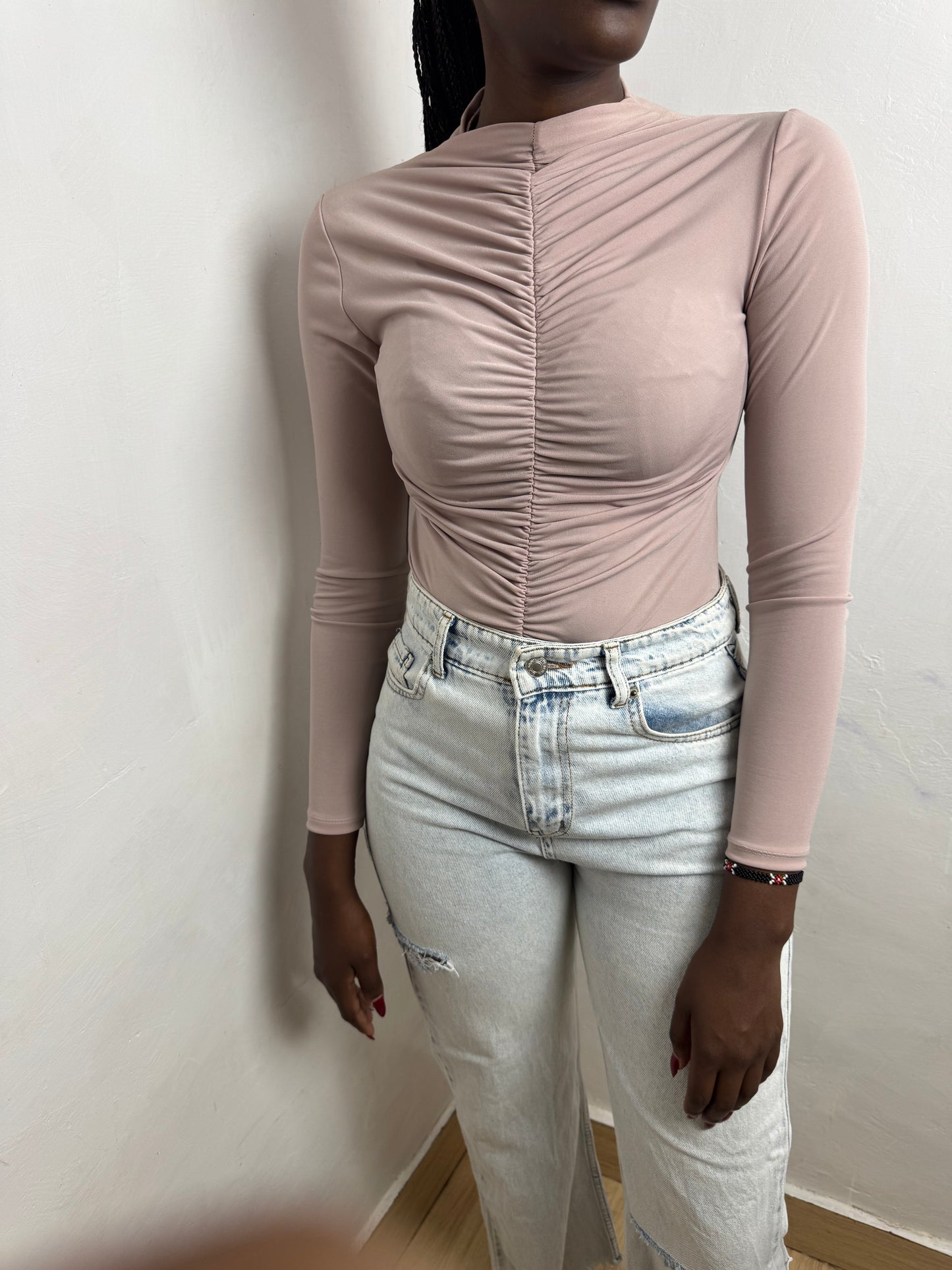 Fully Ruched Mock Neck Slinky Bodysuit
