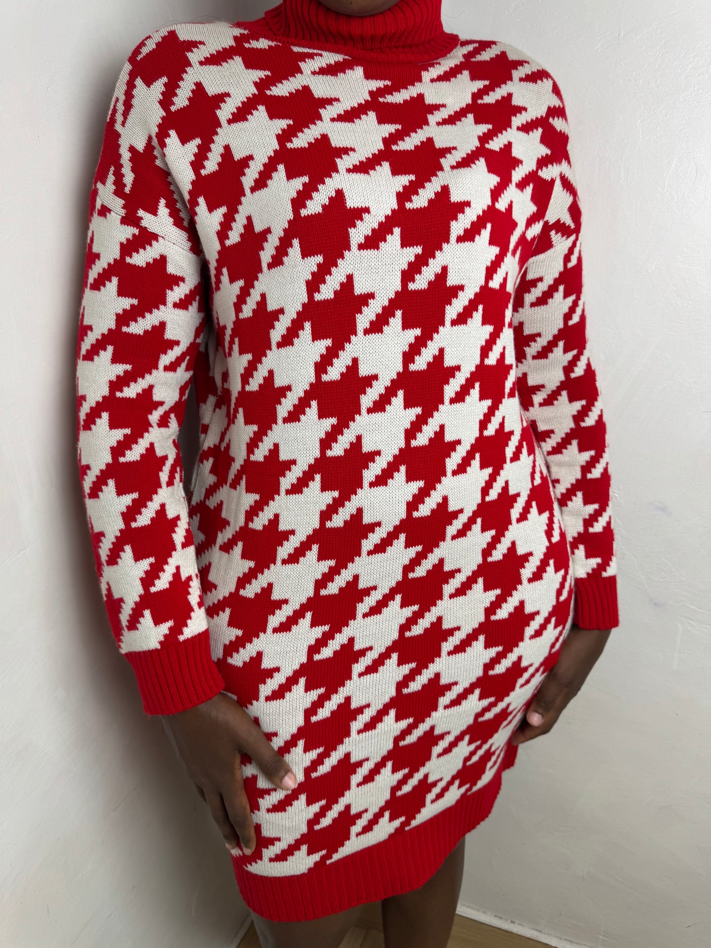 Houndstooth Turtleneck Sweater Dress