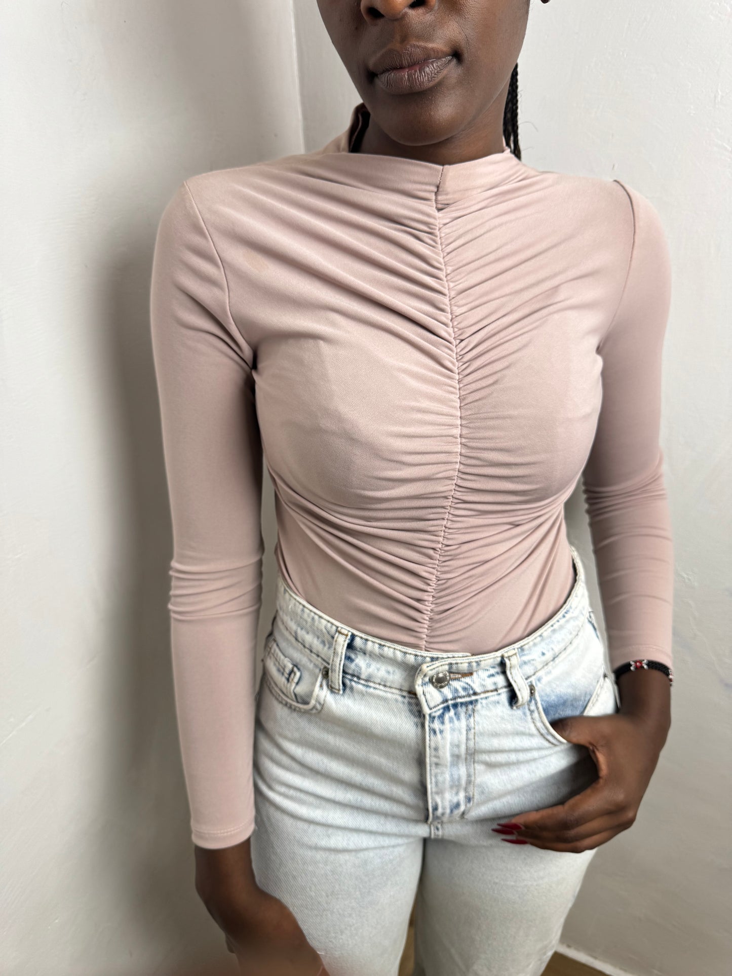 Fully Ruched Mock Neck Slinky Bodysuit