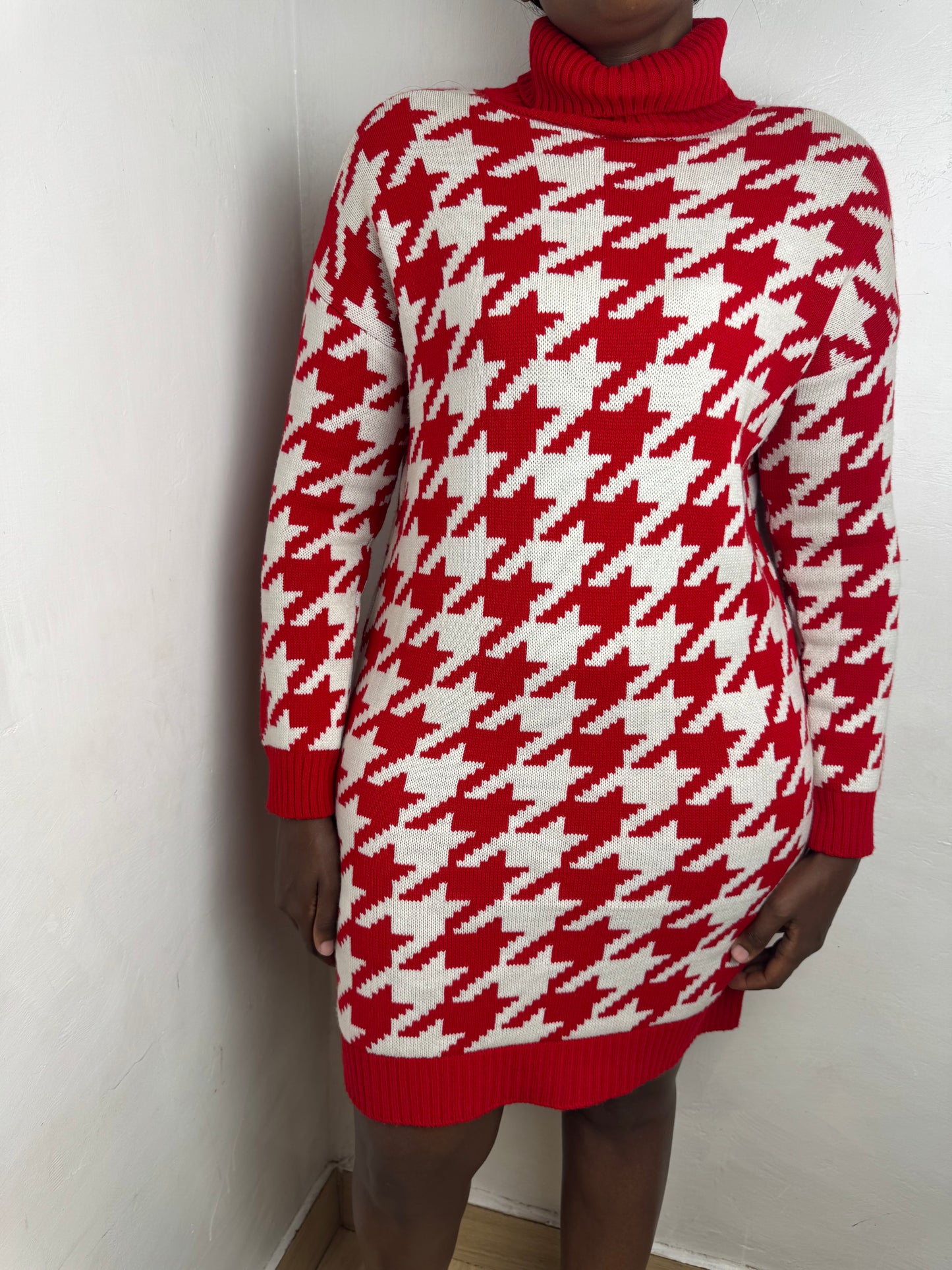Houndstooth Turtleneck Sweater Dress