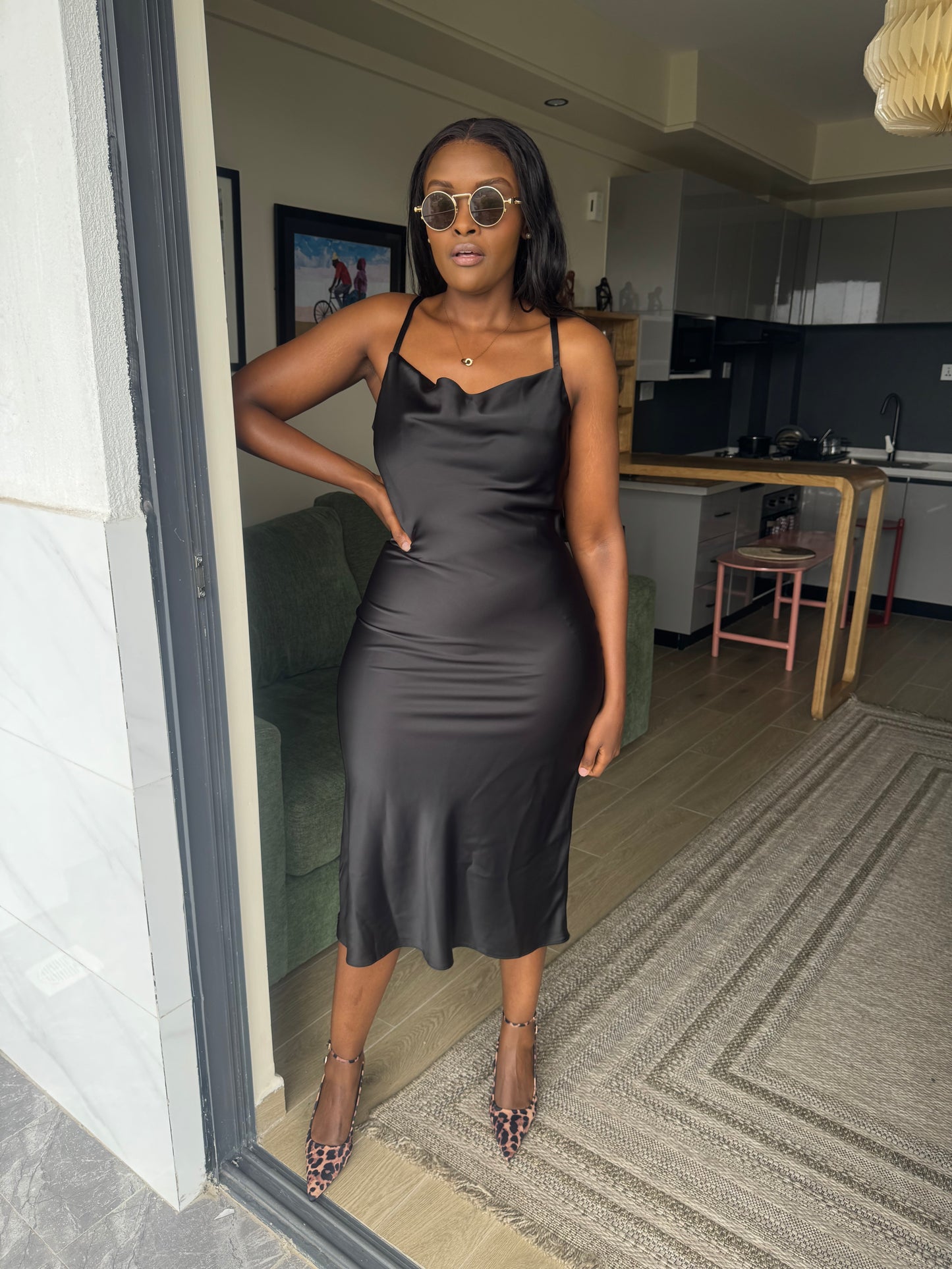 Cowl-neck Satin Midi Dress