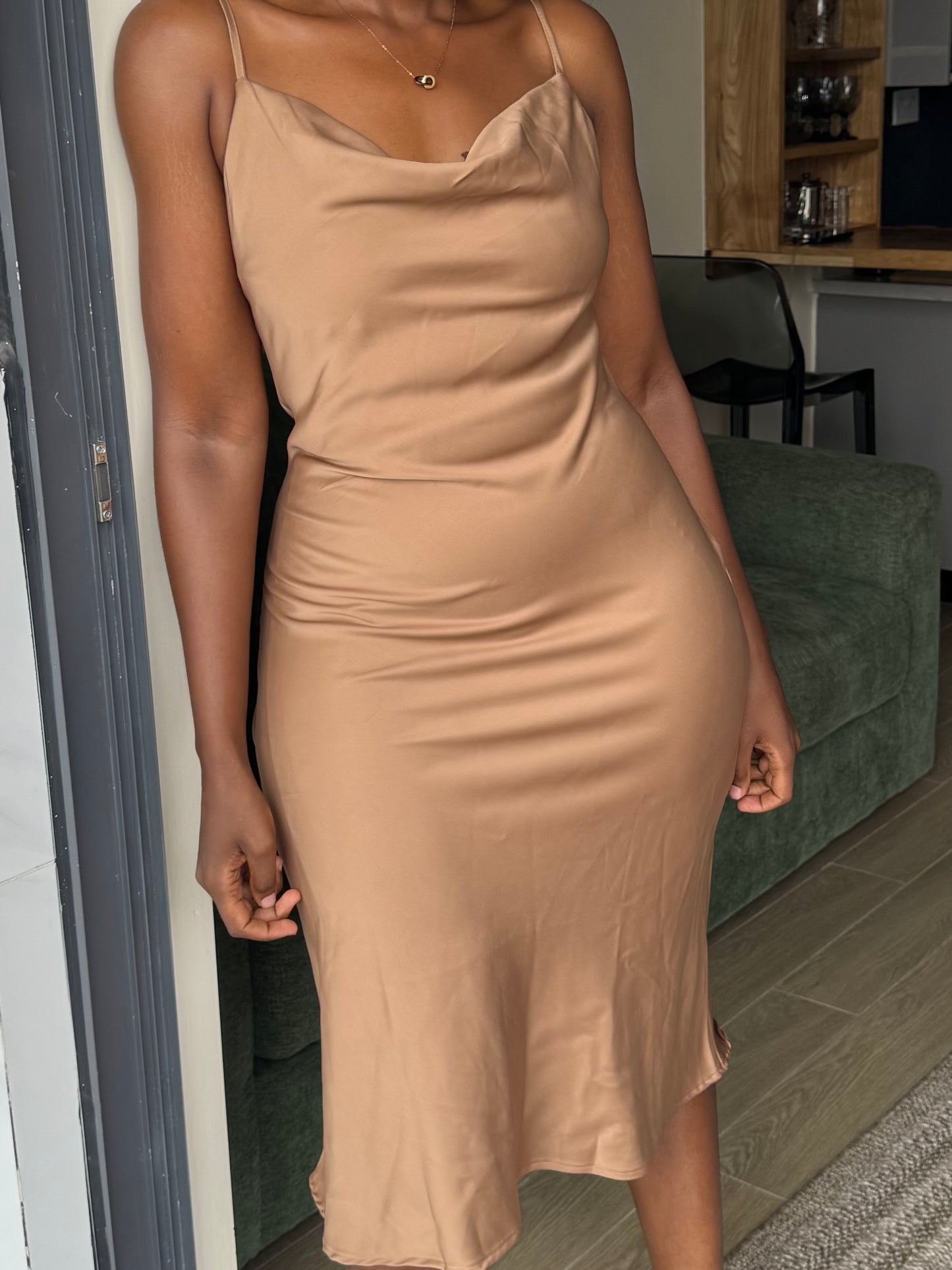 Cowl-neck Satin Midi Dress