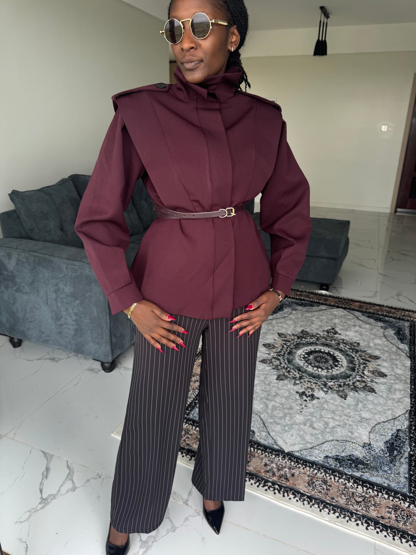 Shoulder-Padded Belted Coat