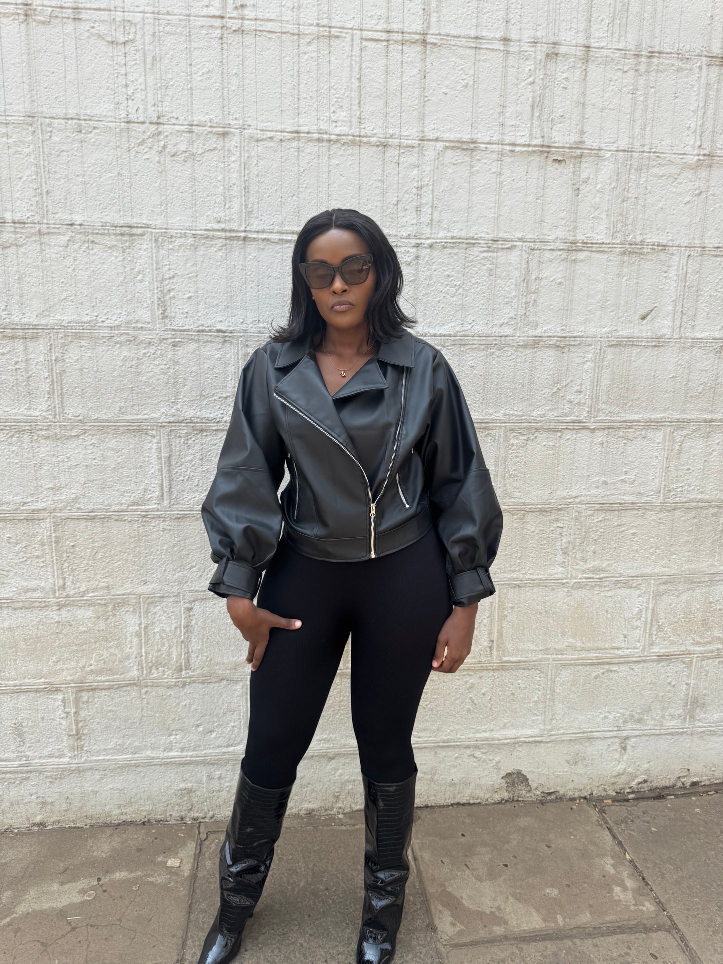 Ballon sleeve zipper leather jacket