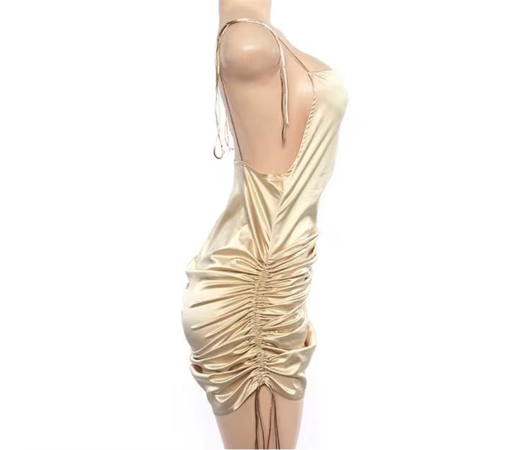 Gold Shoulder-Tie Drawstring Dress