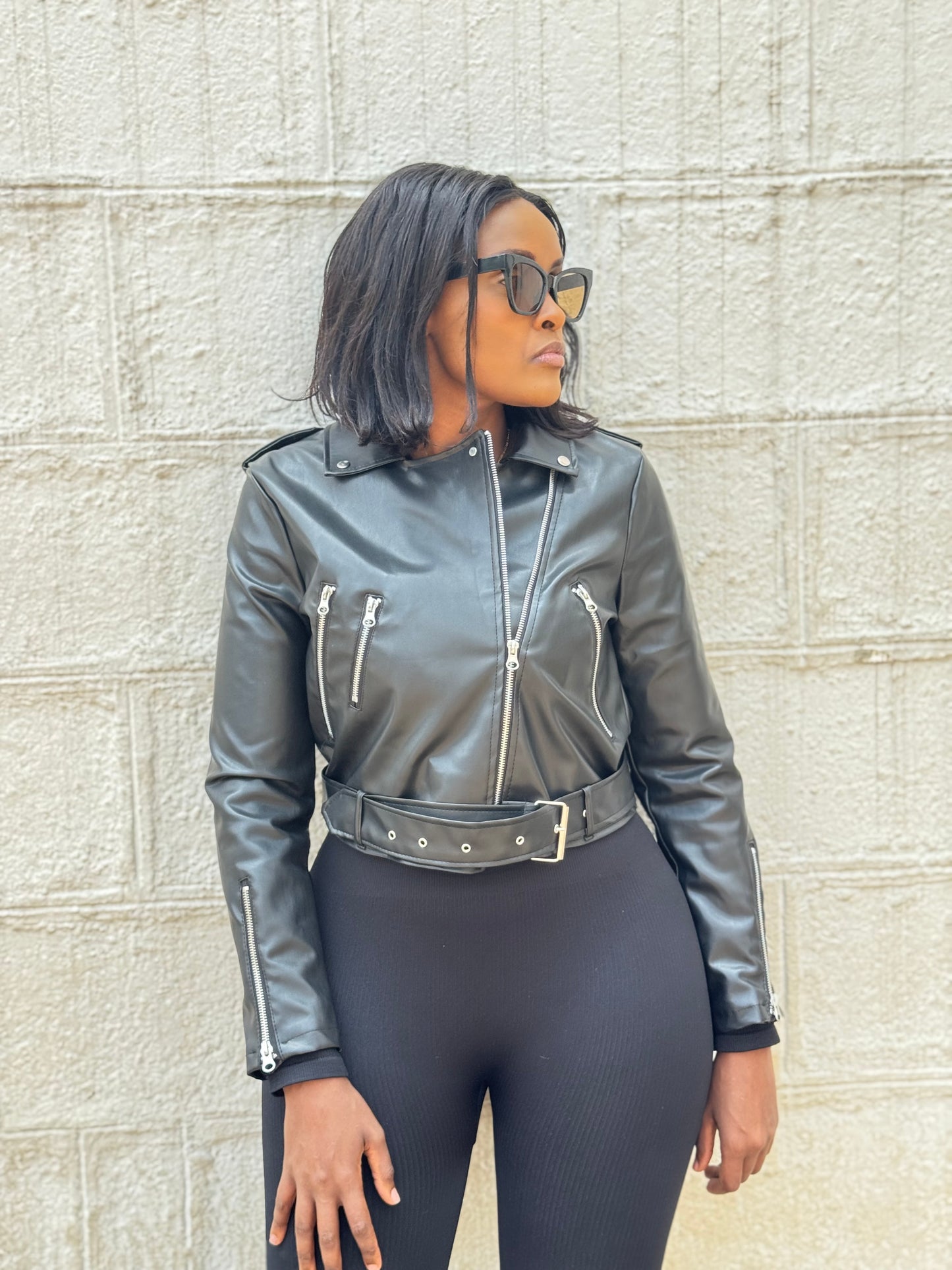 Basic double zipper leather jacket