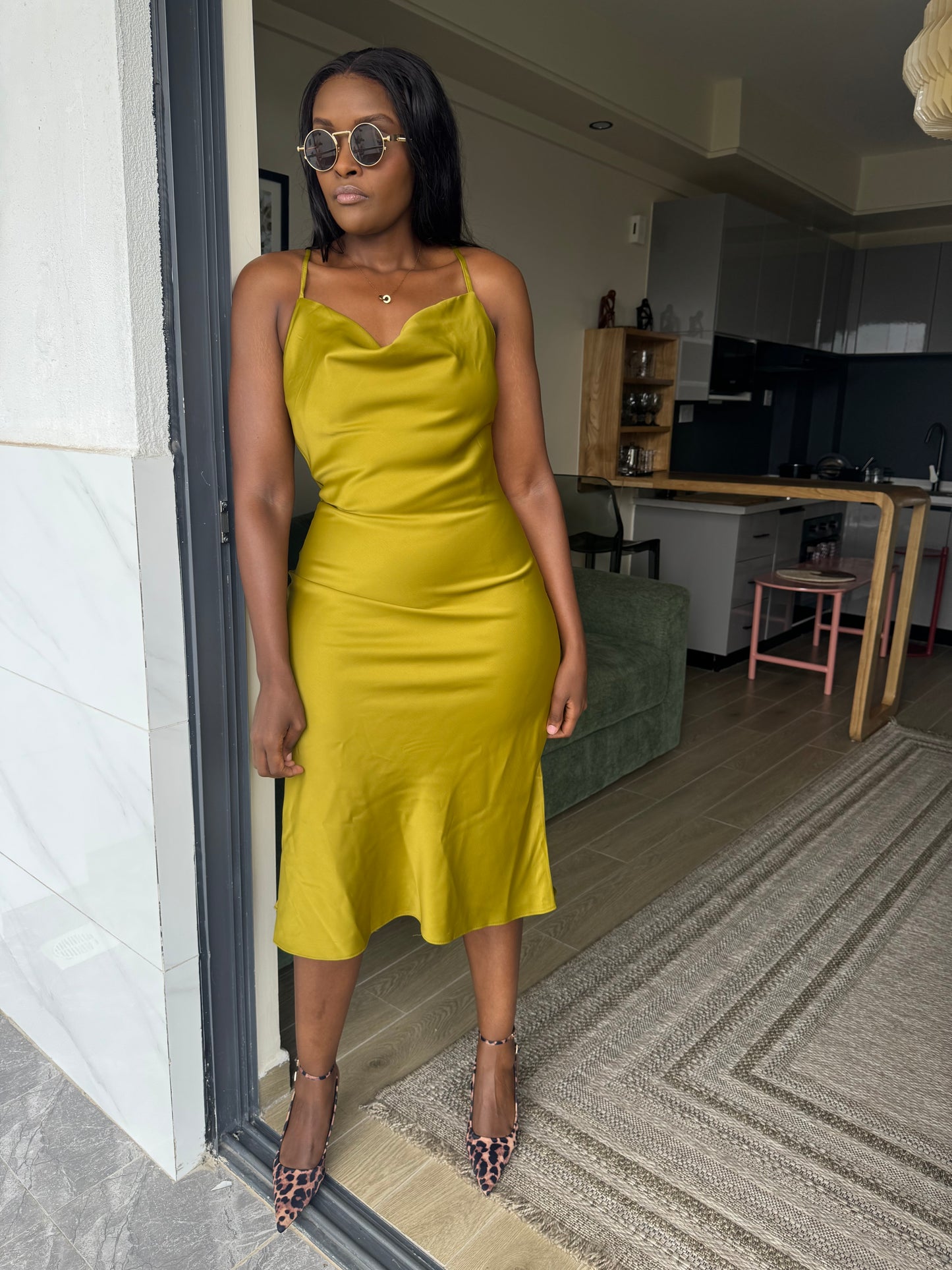 Cowl-neck Satin Midi Dress