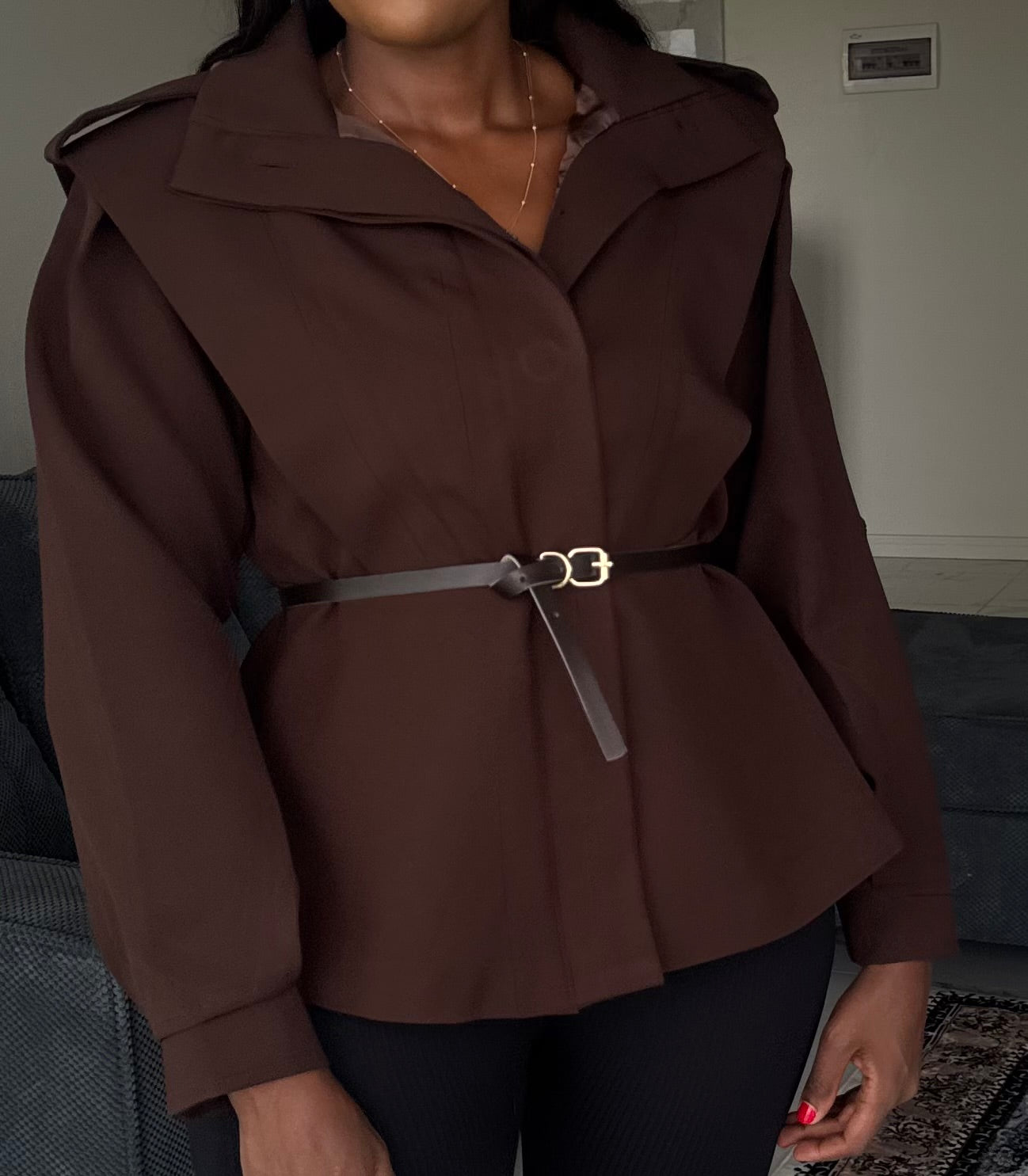 Shoulder-Padded Belted Coat