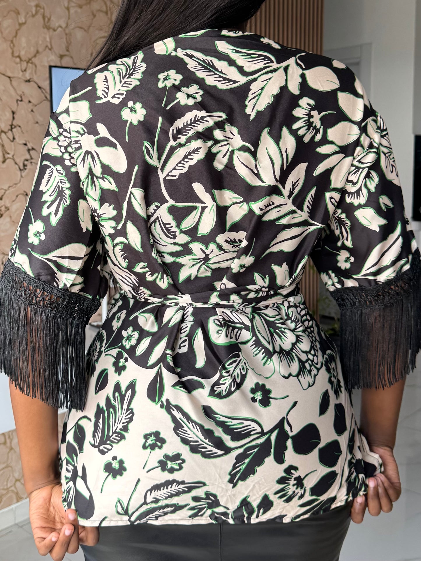 Satin Fringed Floral Wrap Kimono Top