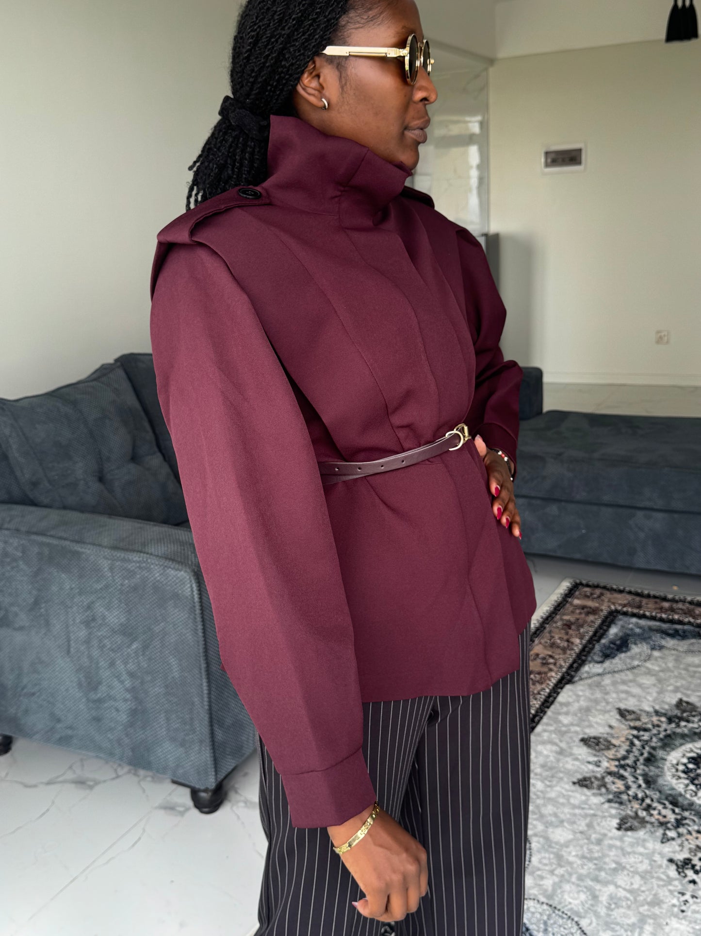 Shoulder-Padded Belted Coat