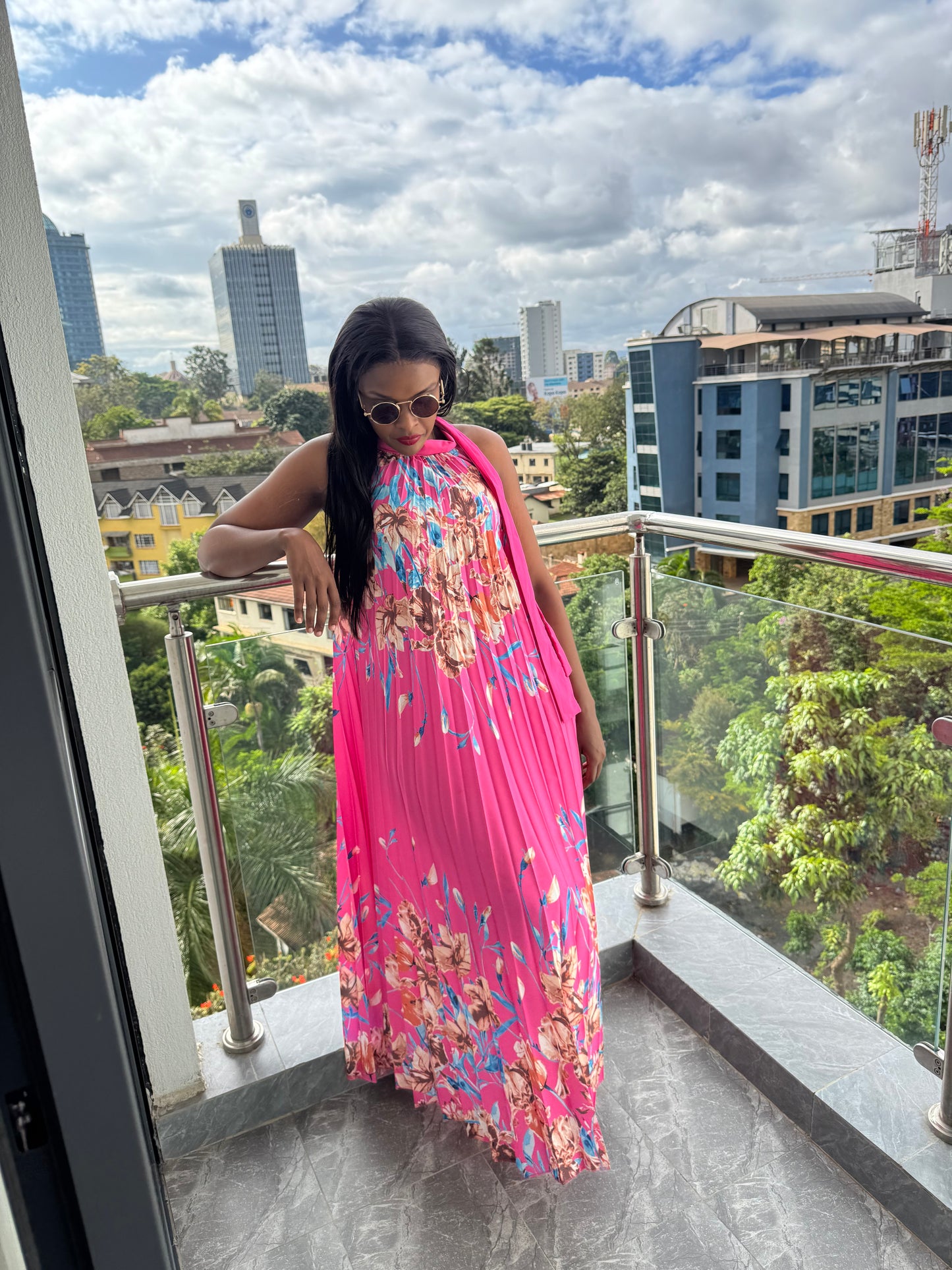 Capri Neck-tie Floral Pleated Maxi