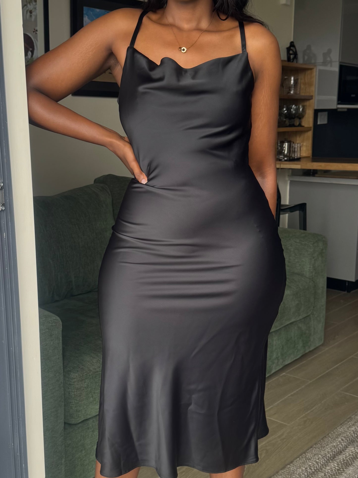 Cowl-neck Satin Midi Dress