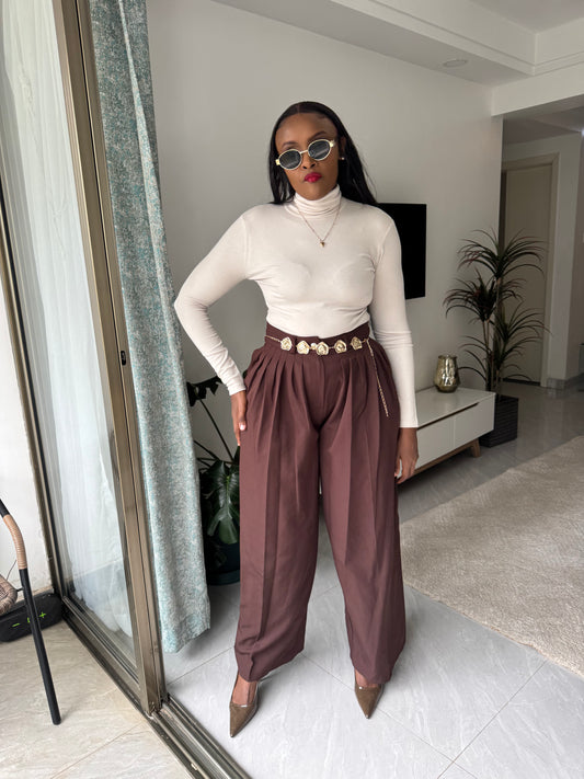 Wide Leg Pleated Pants with Removable Gold Belt