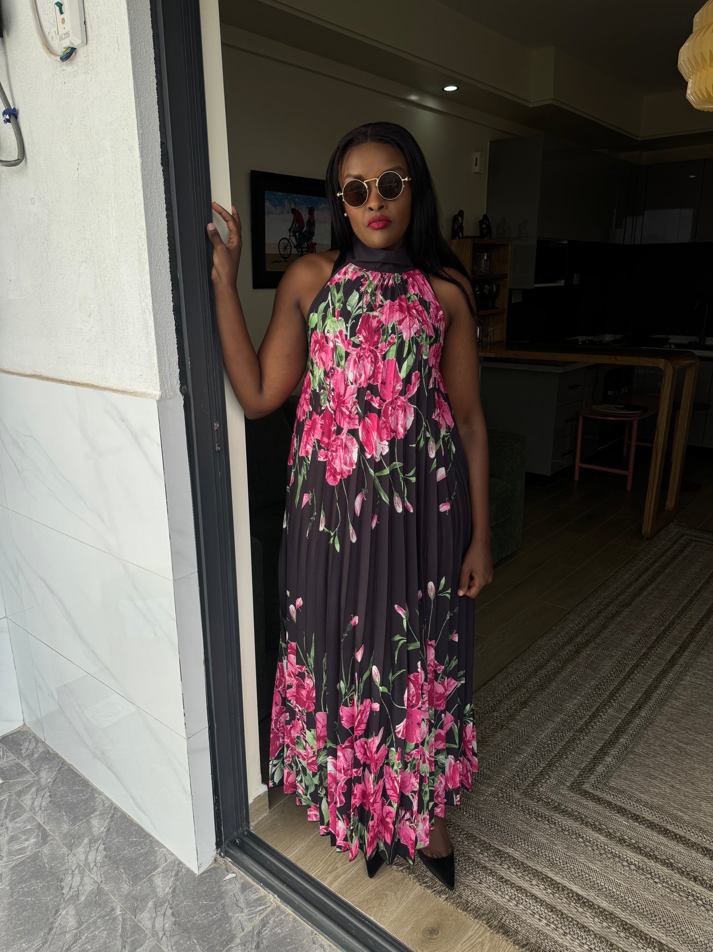 Capri Neck-tie Floral Pleated Maxi