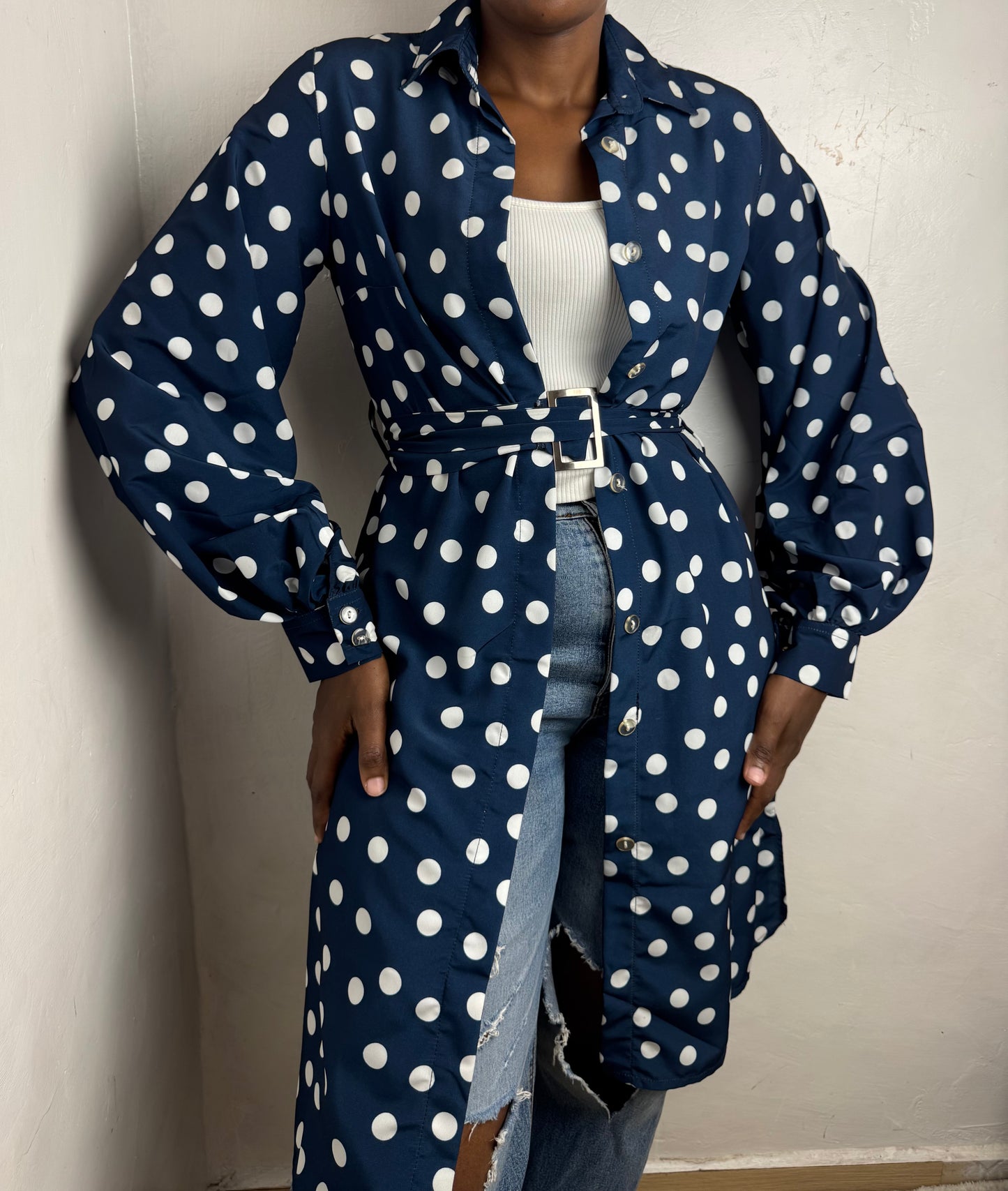 Polka Dot Side-Slit Chiffon Kimono Dress