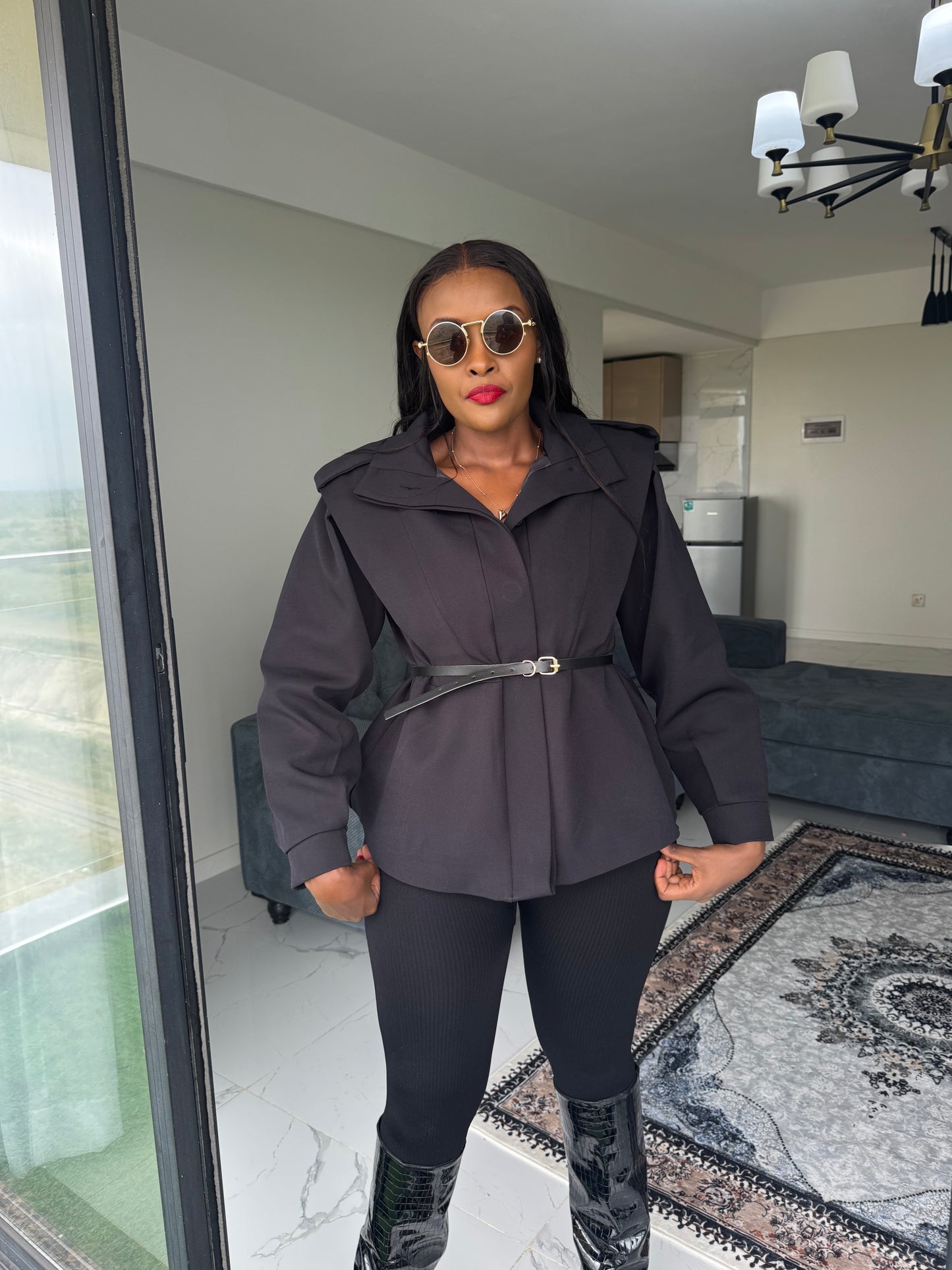 Shoulder-Padded Belted Coat