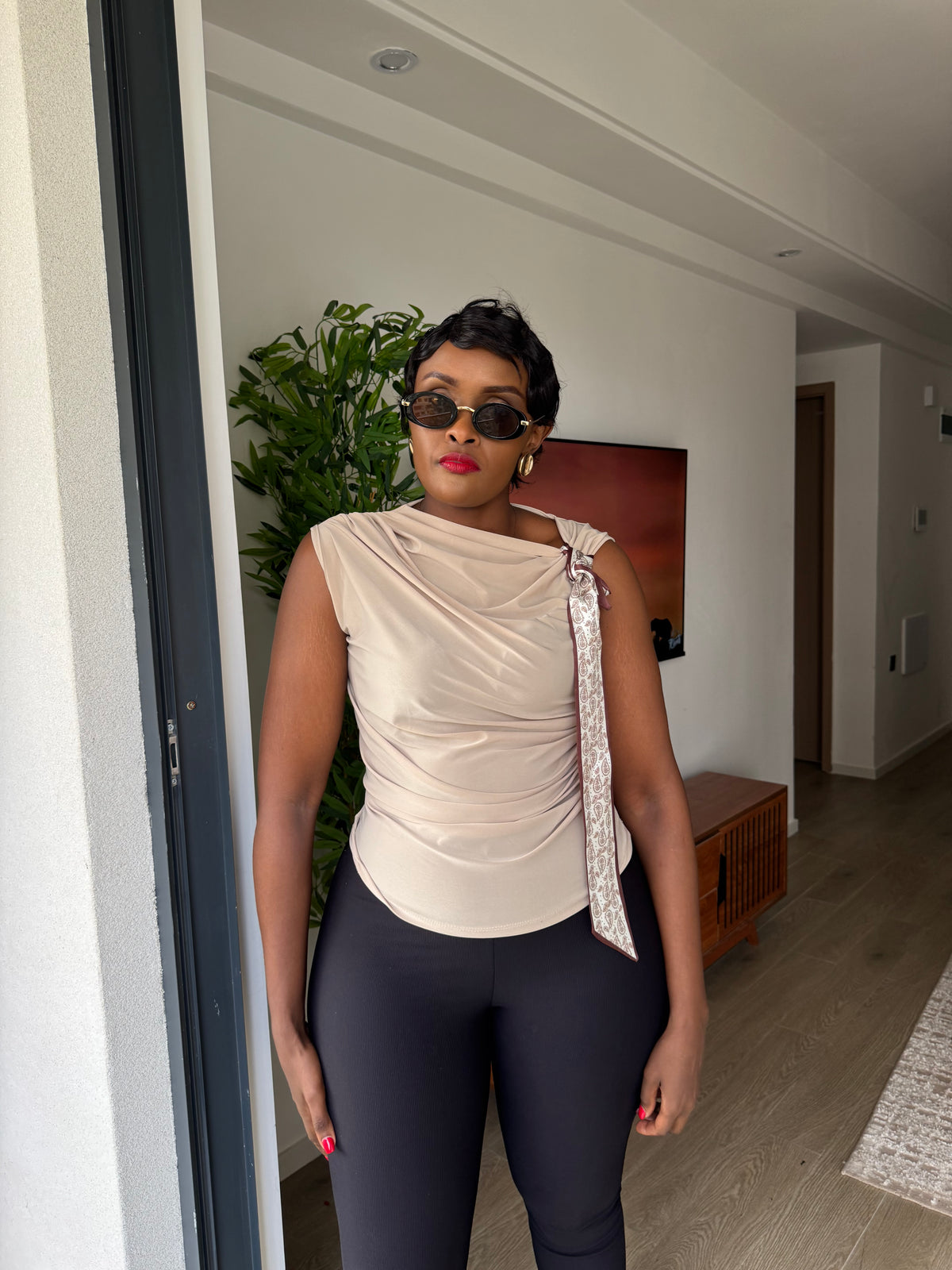 Sadie Polka-Tie Ruched Top