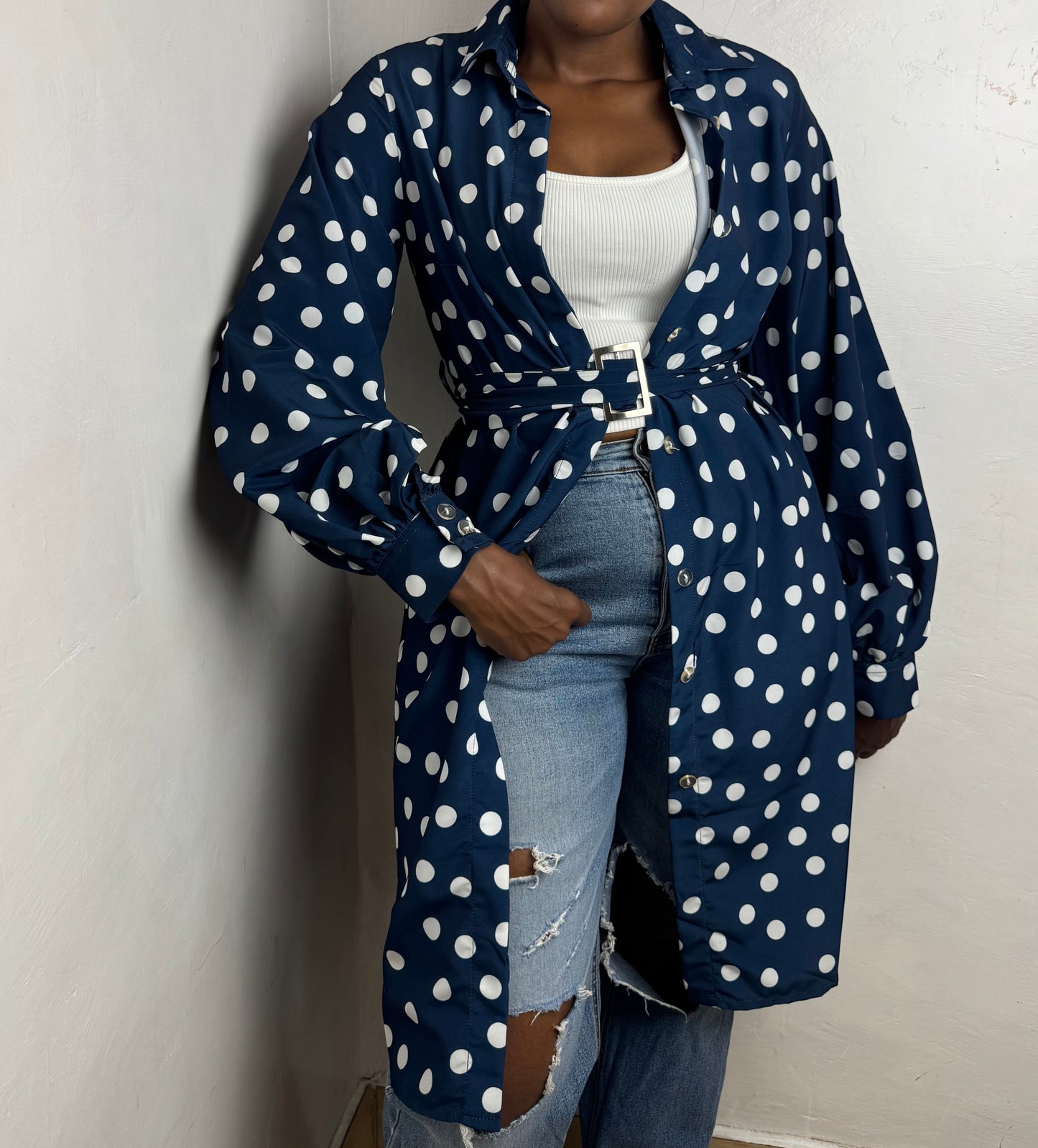 Polka Dot Side-Slit Chiffon Kimono Dress