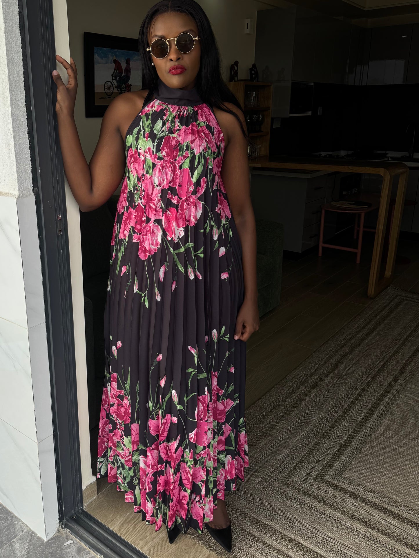 Capri Neck-tie Floral Pleated Maxi