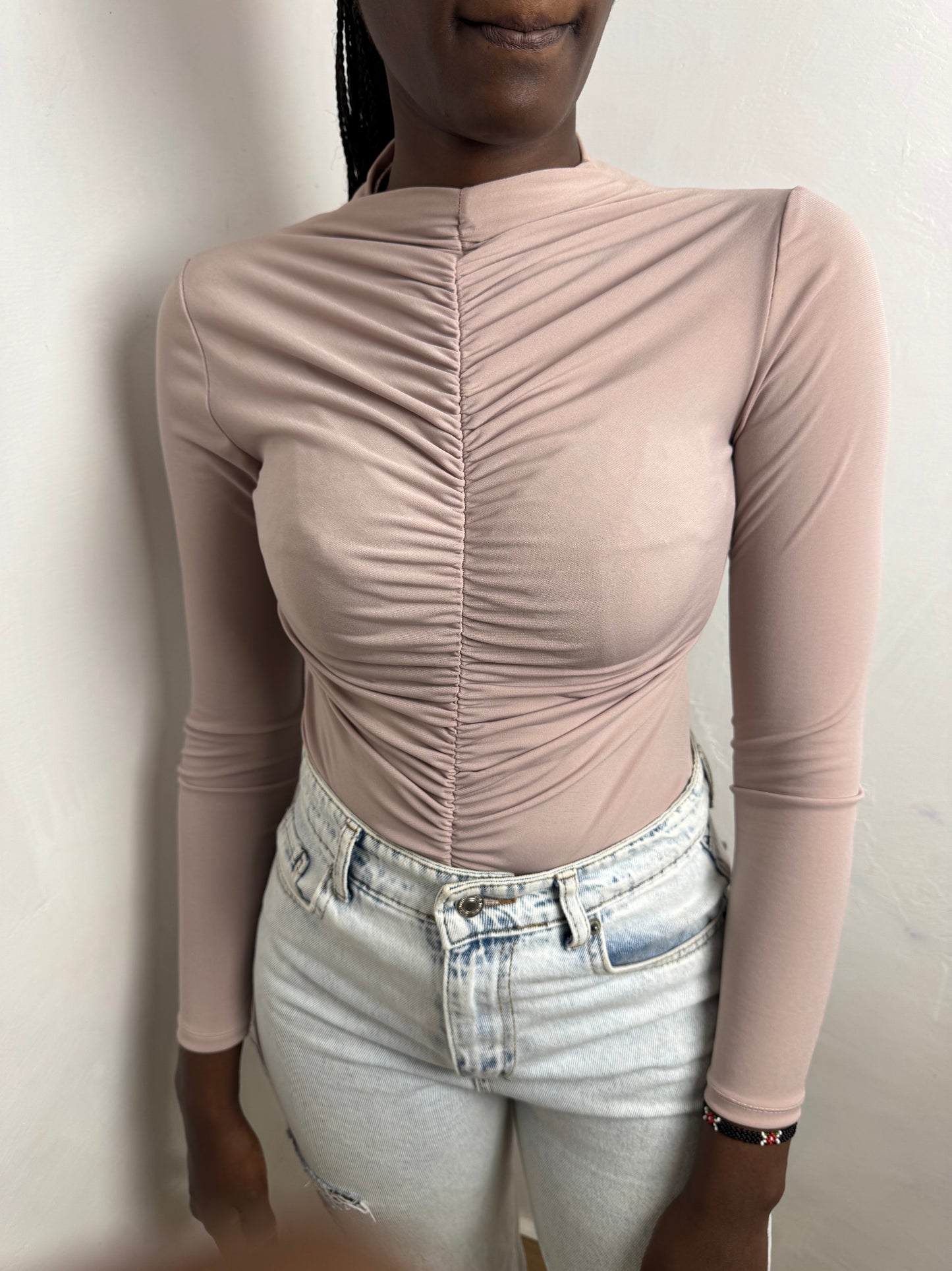 Fully Ruched Mock Neck Slinky Bodysuit
