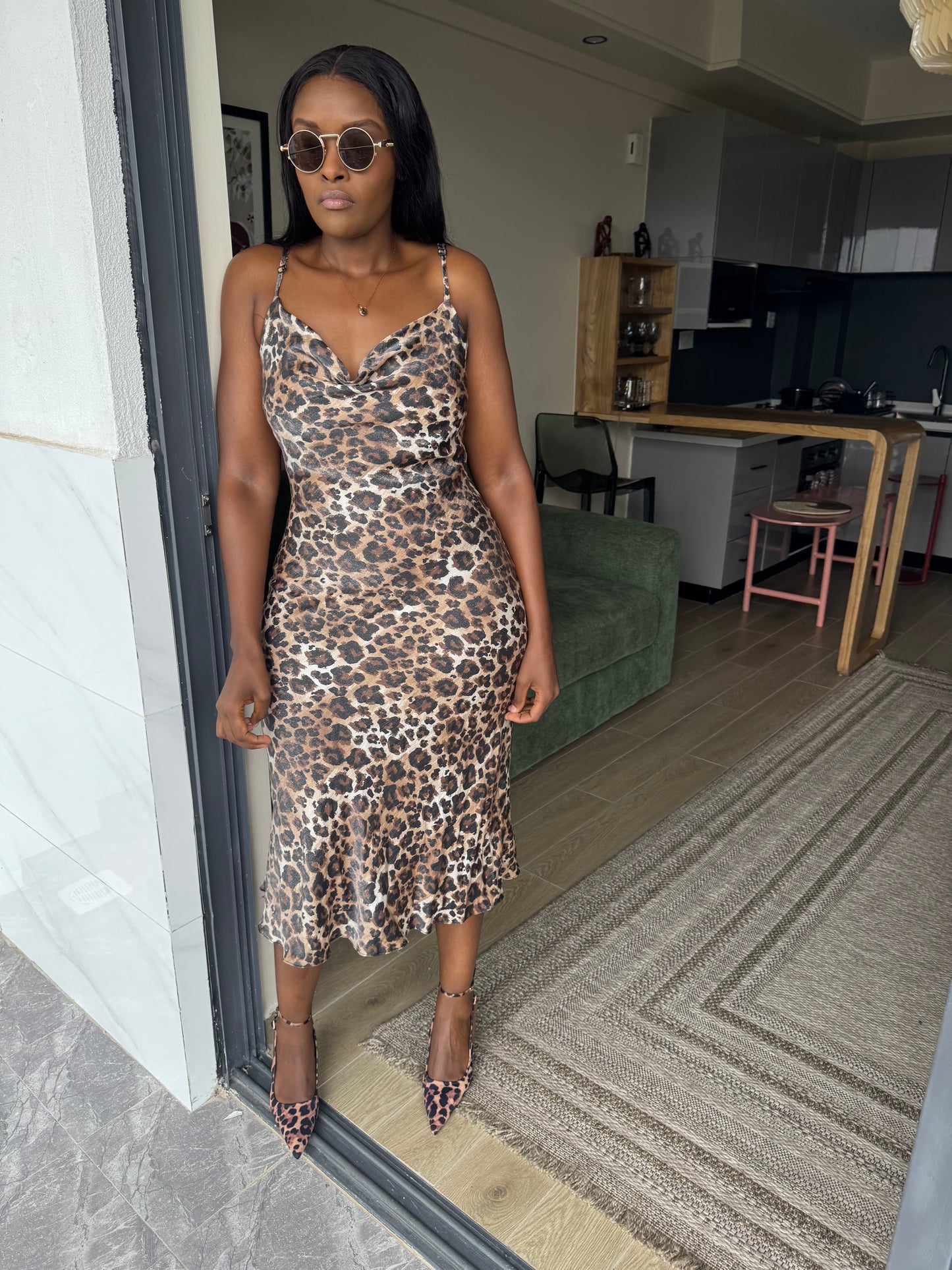 Cowl-neck Satin Midi Dress