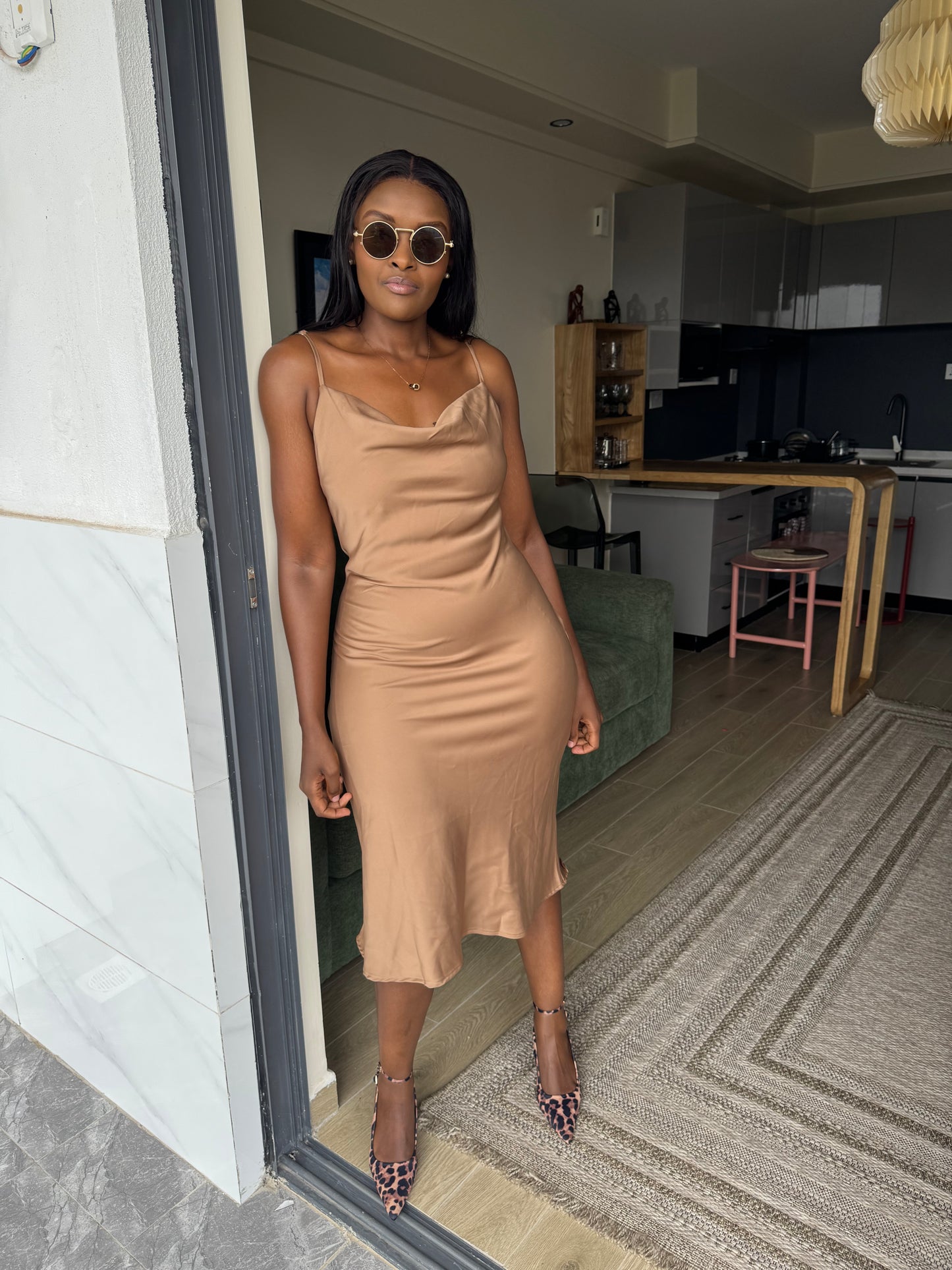 Cowl-neck Satin Midi Dress