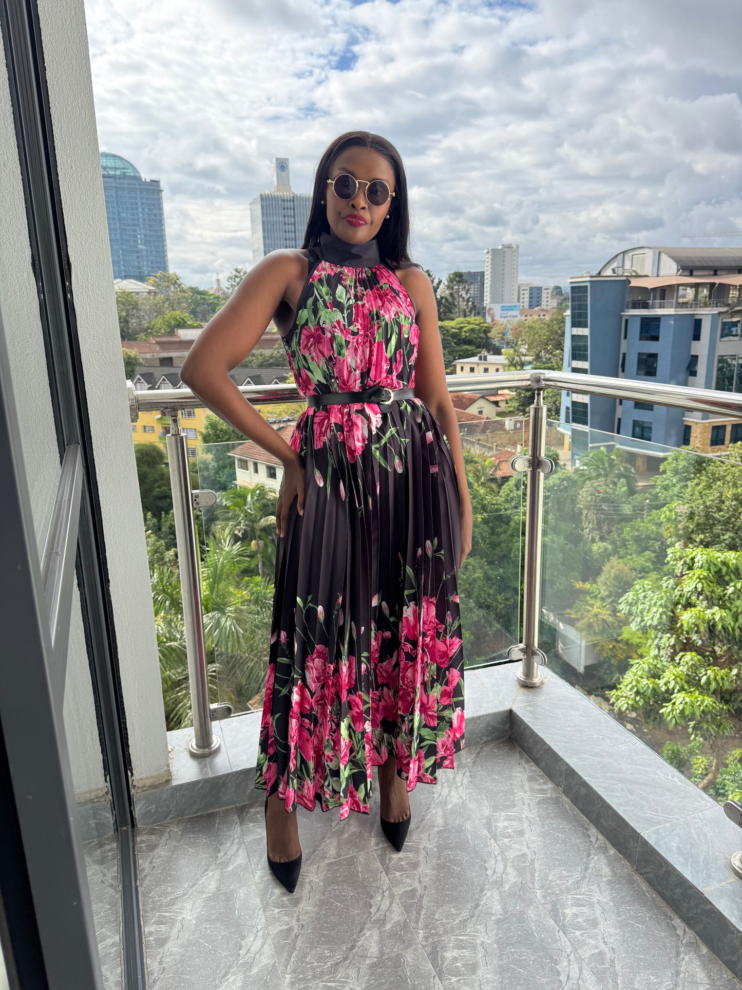 Capri Neck-tie Floral Pleated Maxi