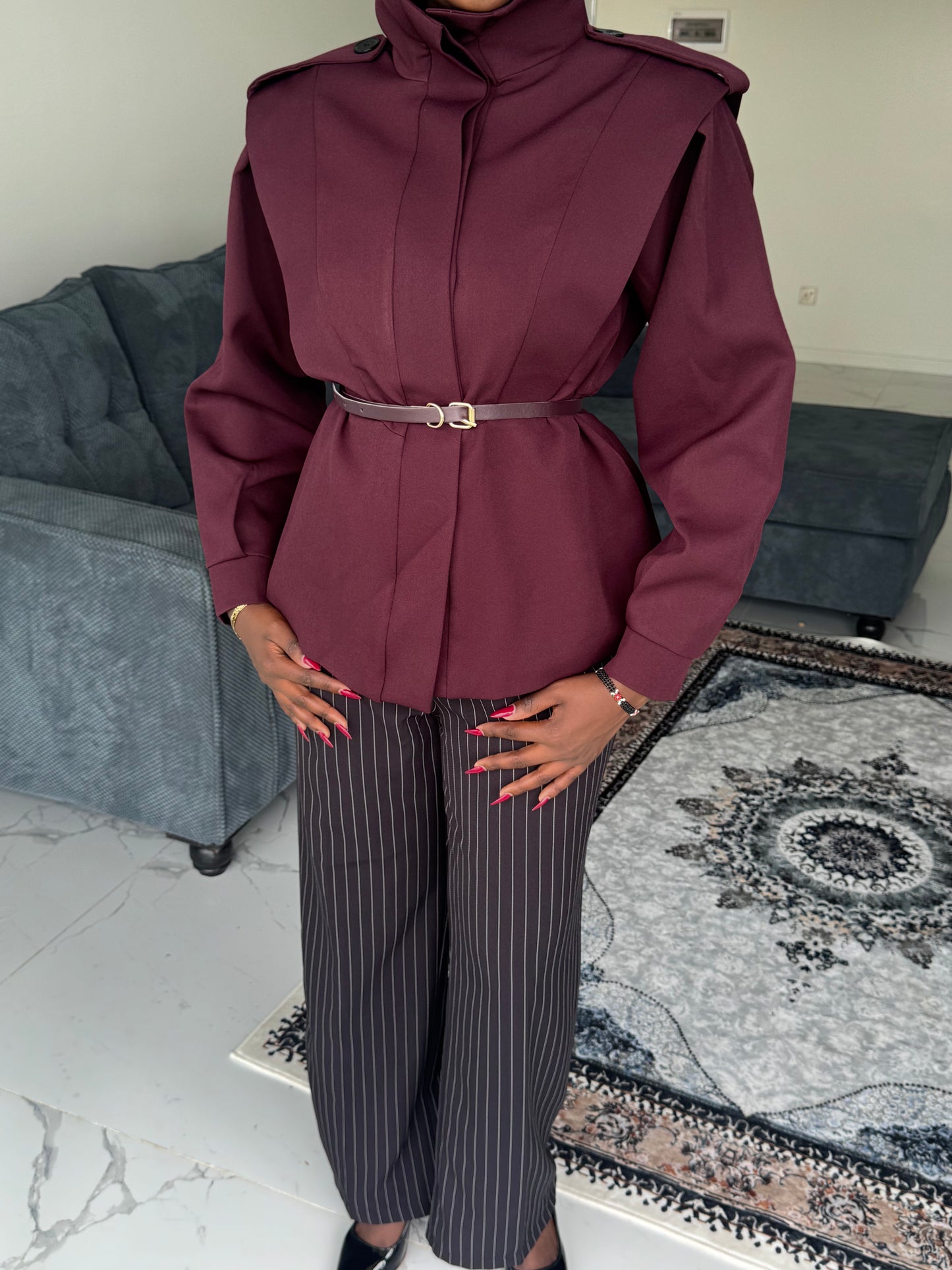 Shoulder-Padded Belted Coat