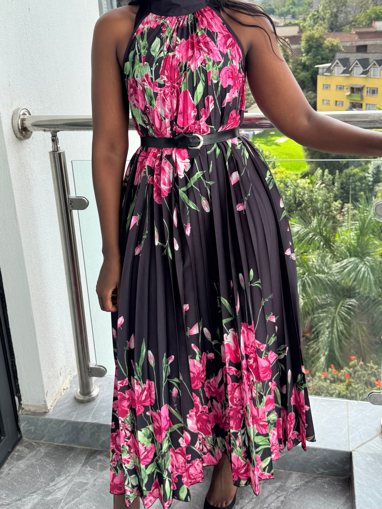 Capri Neck-tie Floral Pleated Maxi