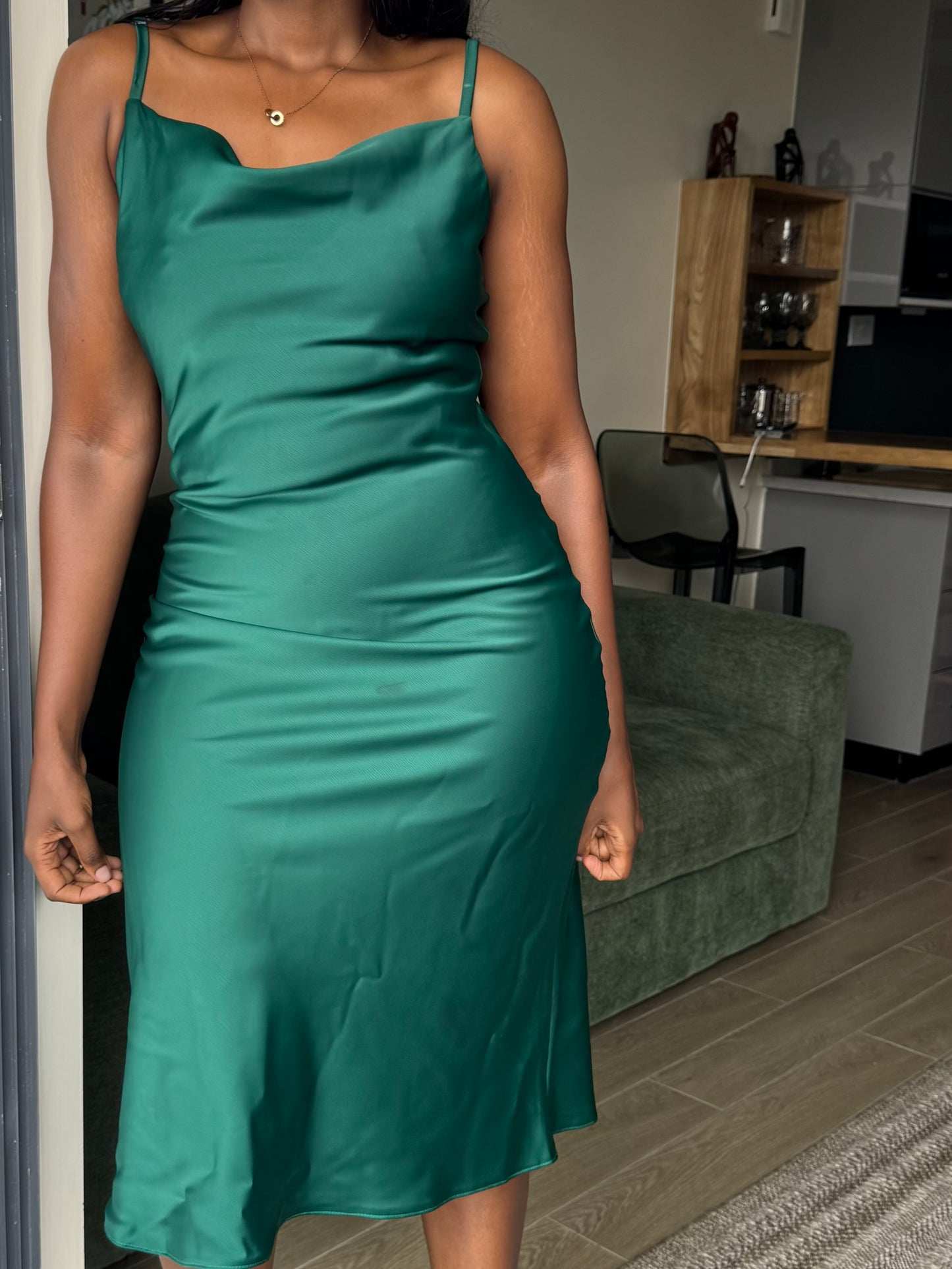 Cowl-neck Satin Midi Dress