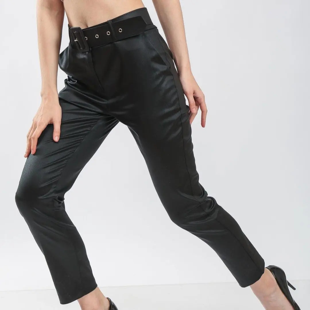 Leather-Look Belted Ankle-Length Pants