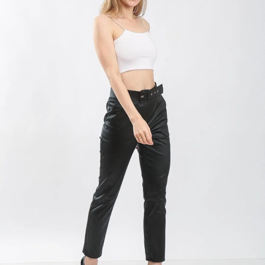 Leather-Look Belted Ankle-Length Pants