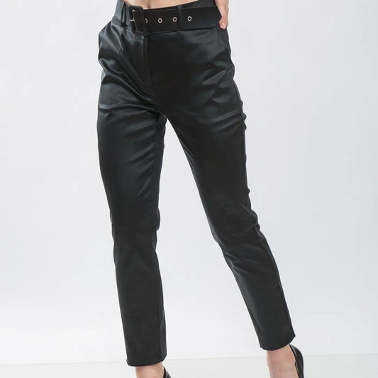 Leather-Look Belted Ankle-Length Pants