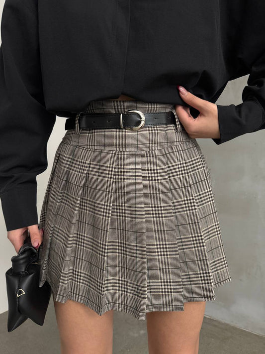 Pleated Belted Brown Houndstooth Mini