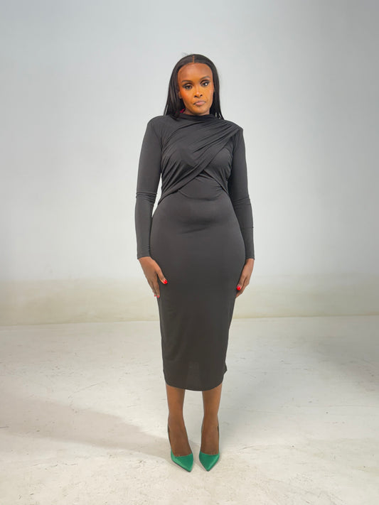 Double Ruched Inverted V Bodycon Midi