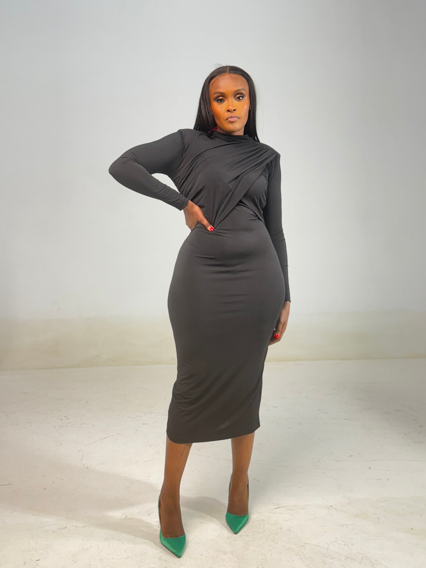 Double Ruched Inverted V Bodycon Midi