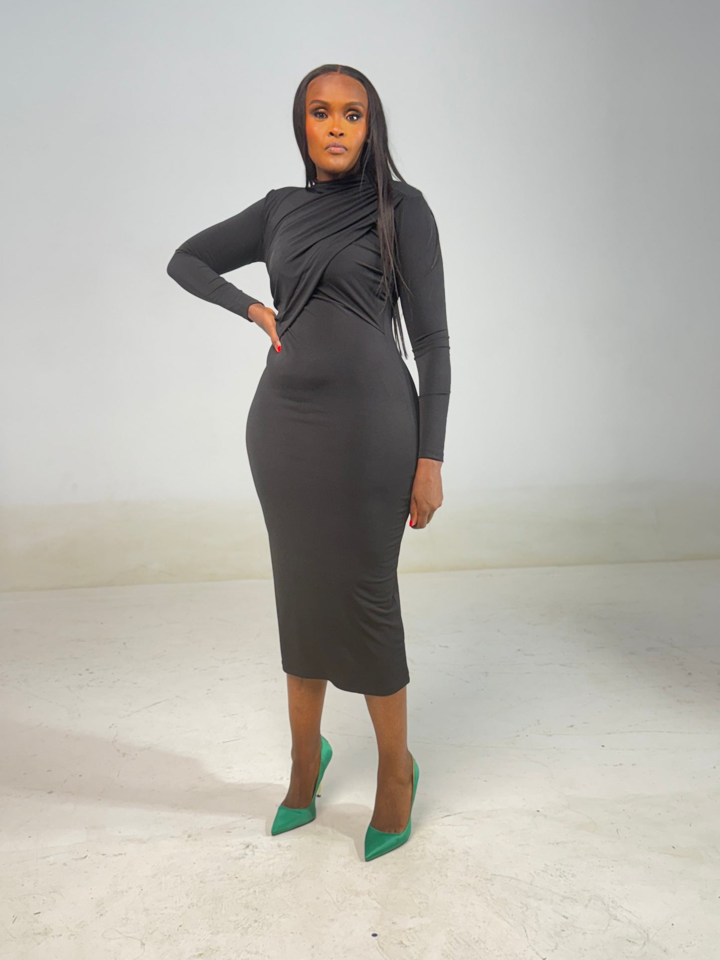 Double Ruched Inverted V Bodycon Midi