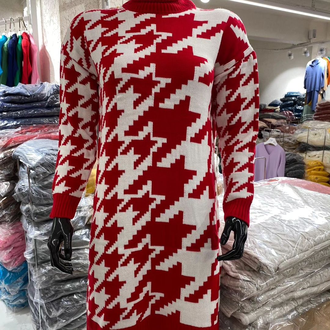 Houndstooth Turtleneck Sweater Dress