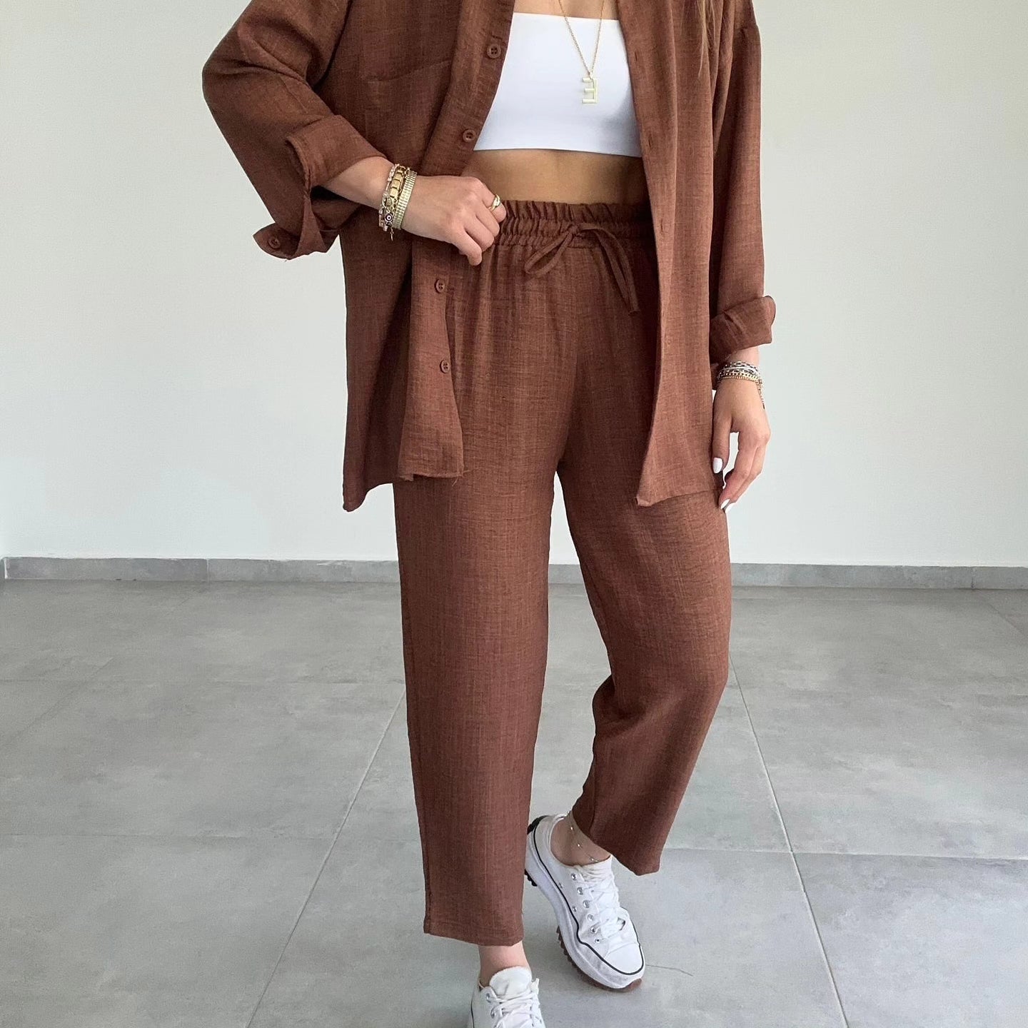 Linen- blend 3/4 Pant Set