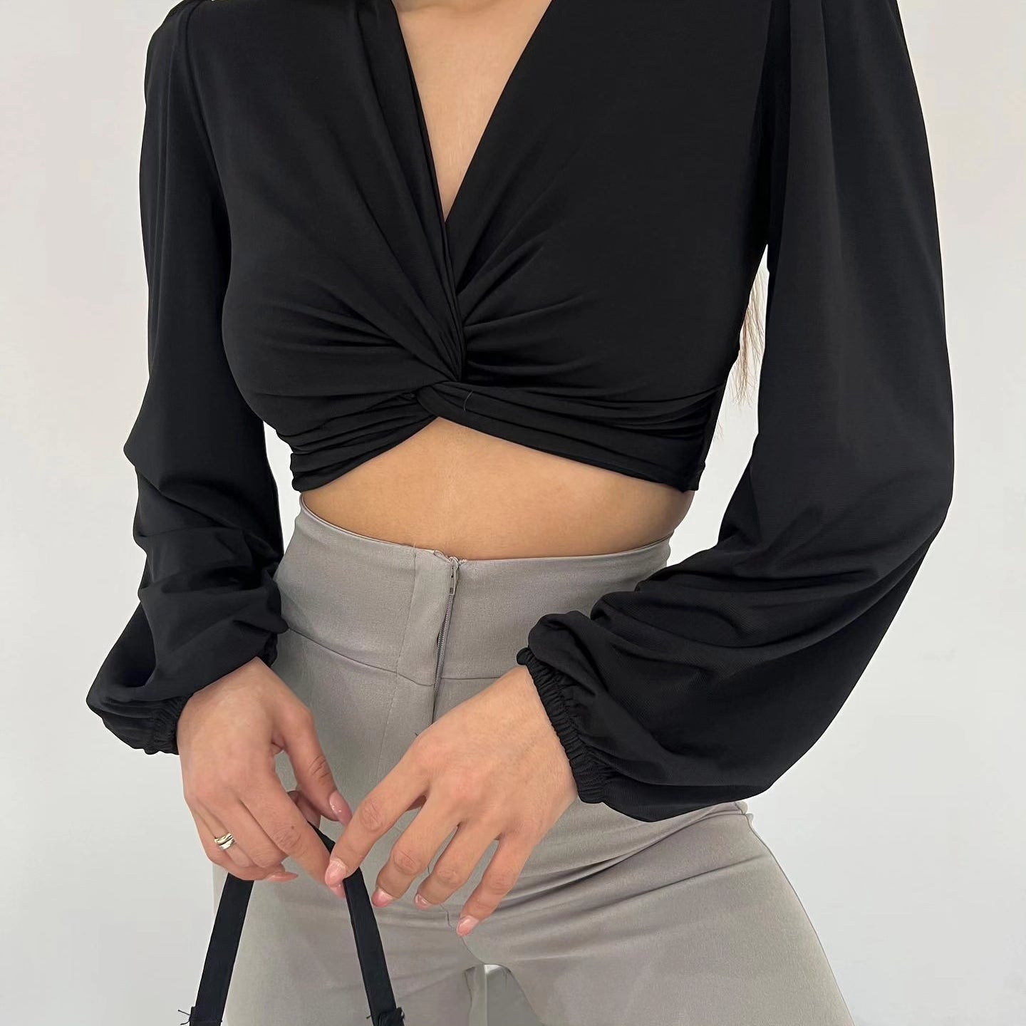 Long-Sleeve Knot Front Crop Top