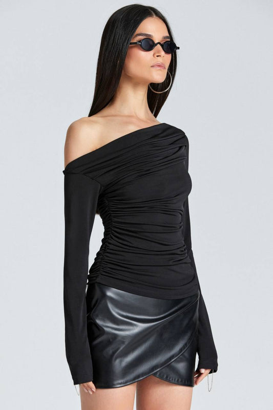 Ruched Offshoulder Asymmetrical Slinky Top