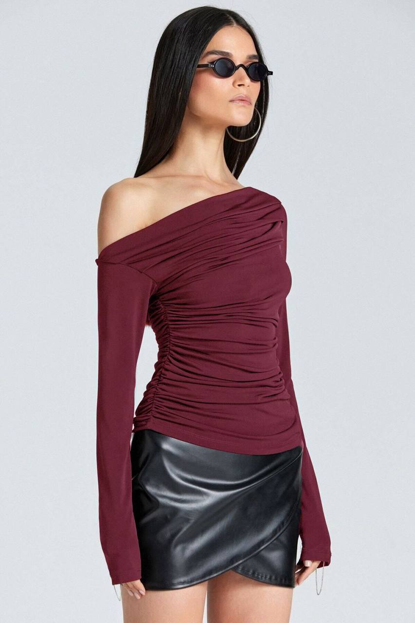 Ruched Offshoulder Asymmetrical Slinky Top
