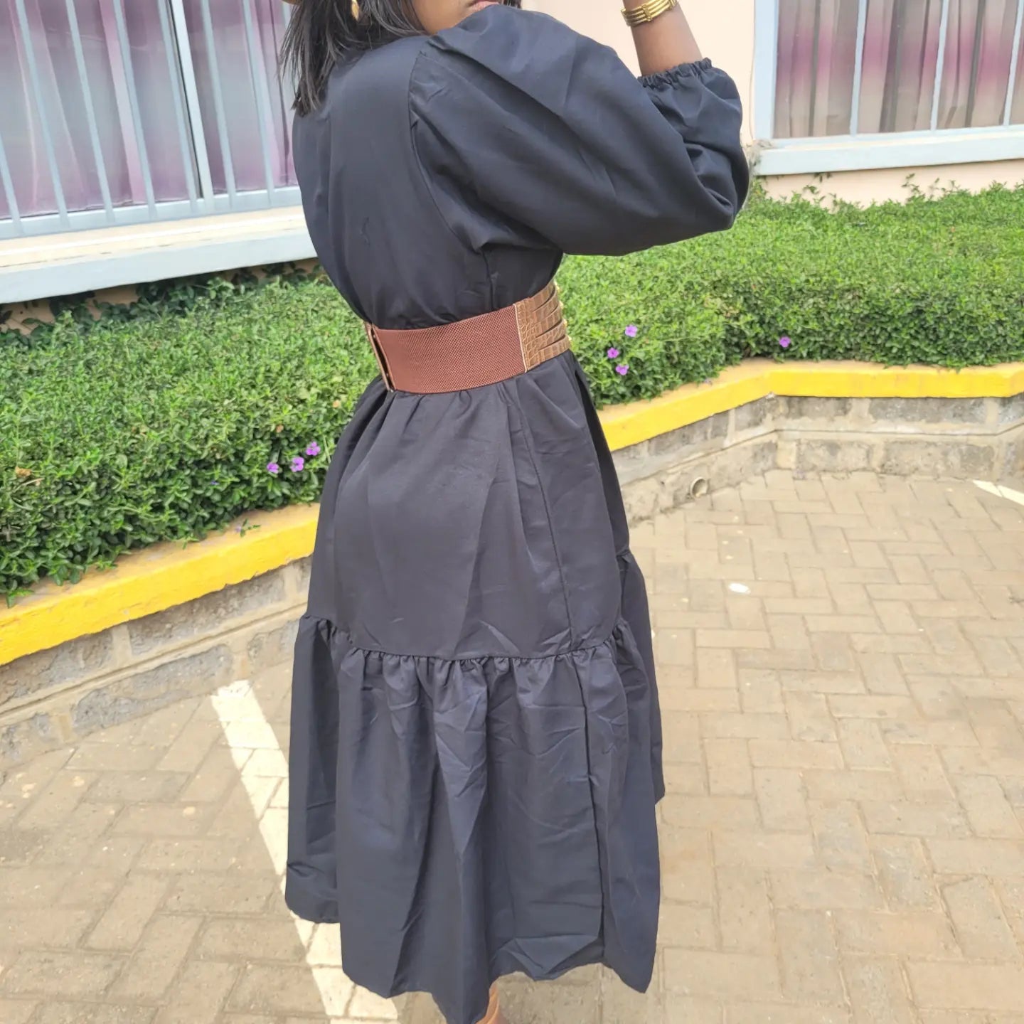 Buttoned Tiered-down Midi Dress