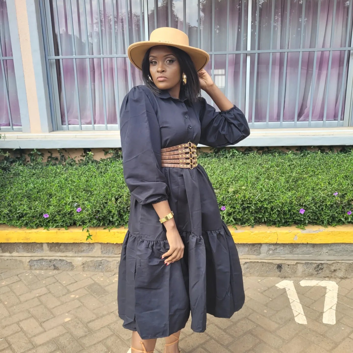 Buttoned Tiered-down Midi Dress