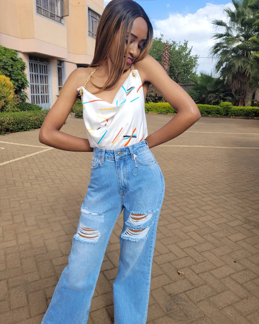 Abstract Gold chain Satin Top