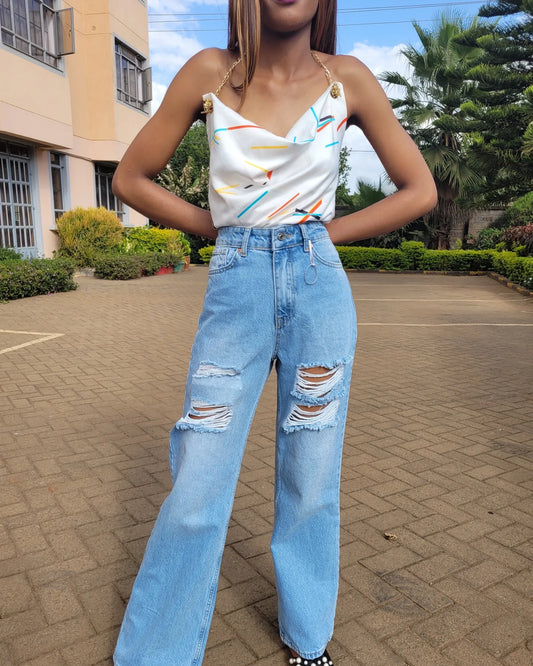 Abstract Gold chain Satin Top