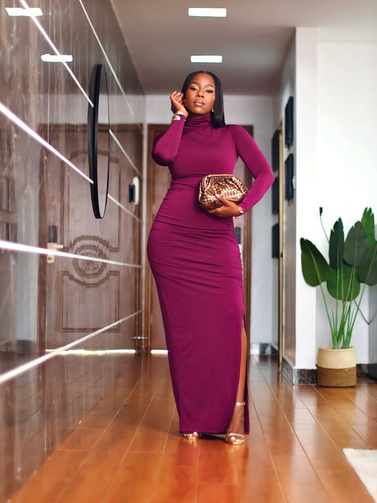 Ruched Long Sleeved Side Slit Maxi