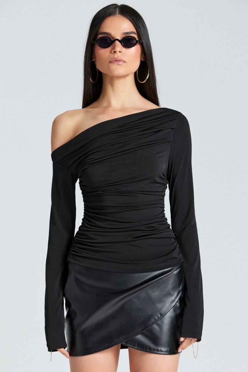 Ruched Offshoulder Asymmetrical Slinky Top