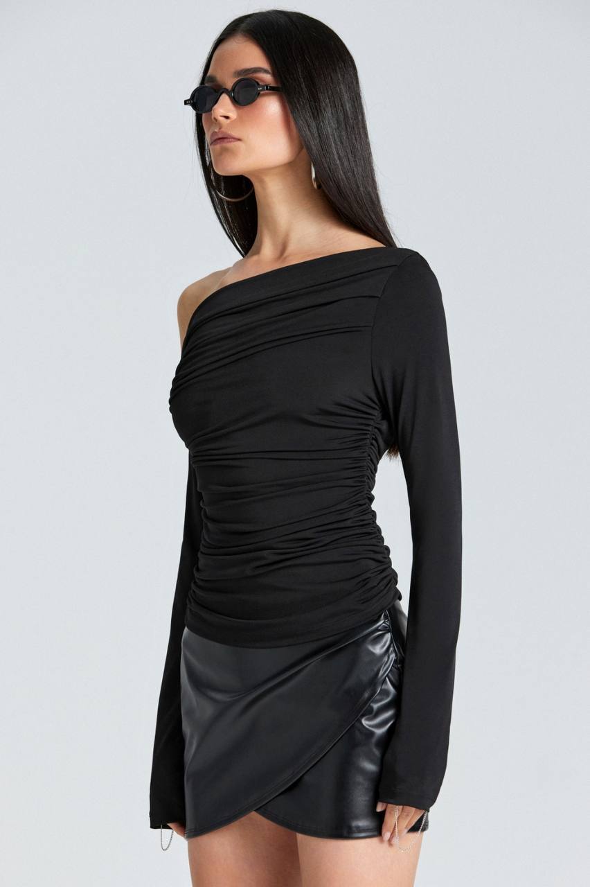 Ruched Offshoulder Asymmetrical Slinky Top