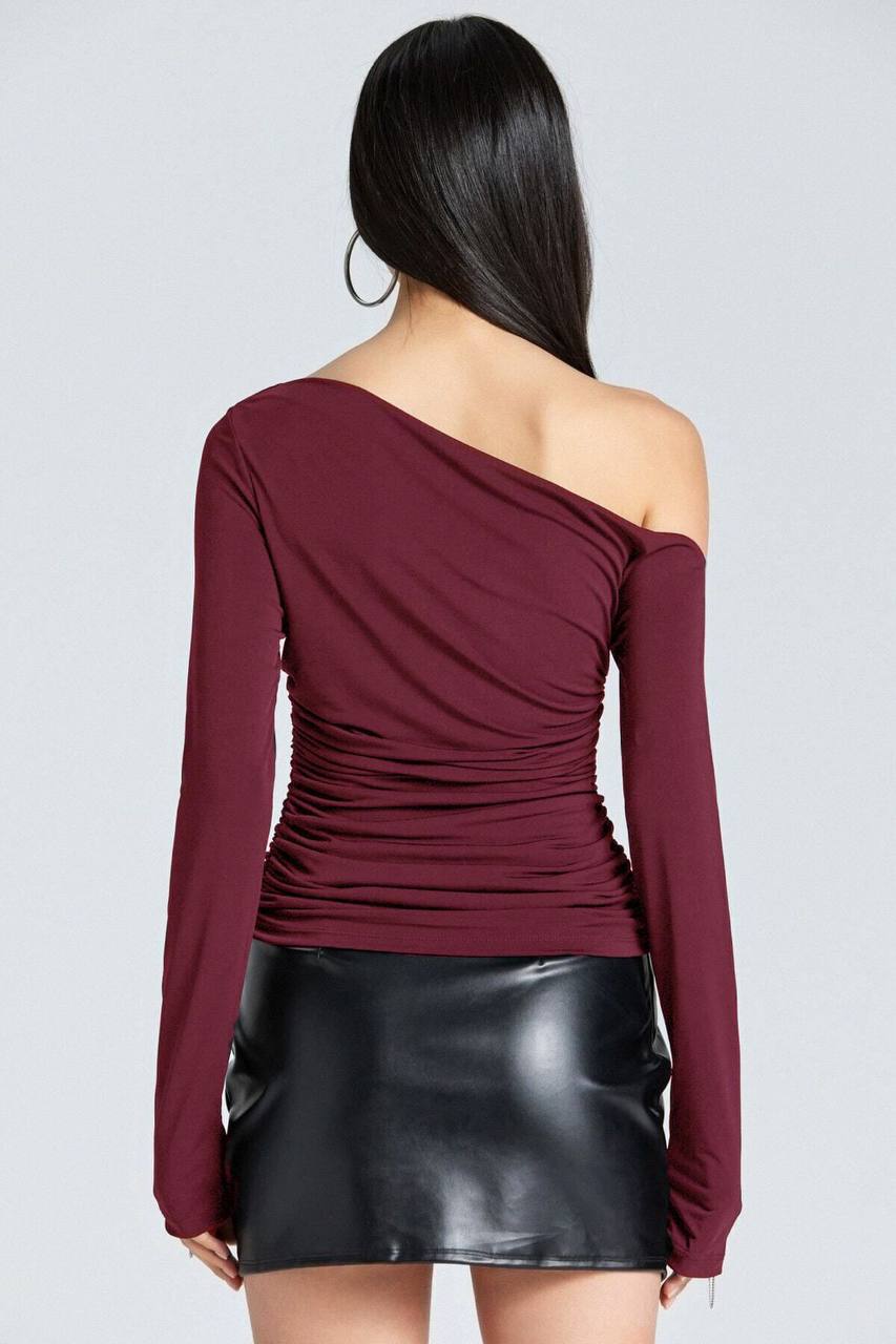 Ruched Offshoulder Asymmetrical Slinky Top